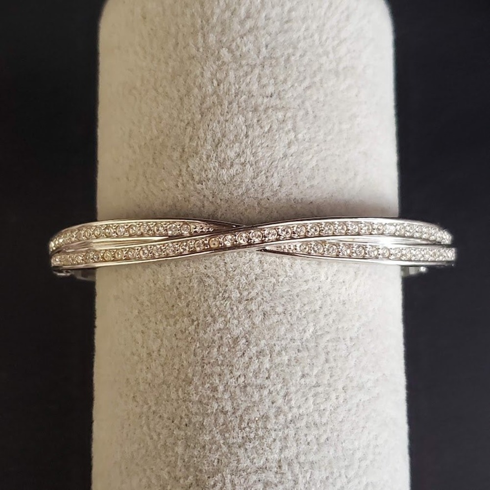 Swarovski Hinged Bangle Bracelet Rhodium Plated Pave Crystal Crossover Swan Logo